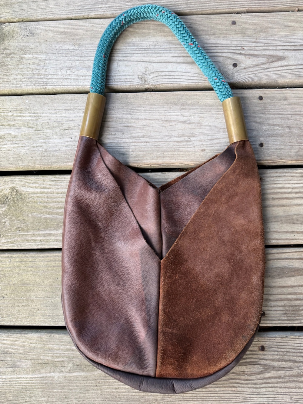 WILDWOOD OYSTER CO Brown Leather and Suede Shoulder Bag Seaside Teal Dock Rope - Picture 3 of 11